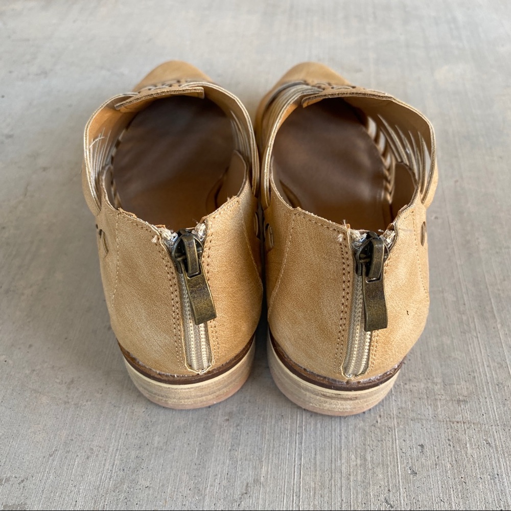 NIB Camel Brown Slit Cut Out Cage Woven Ankle Flats Booties - Picture 8 of 9